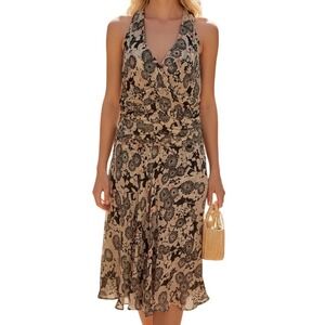 NOUGAT London 100% Silk Floral Ruched Midi Dress Brown Cream Coral Dress EUC  2